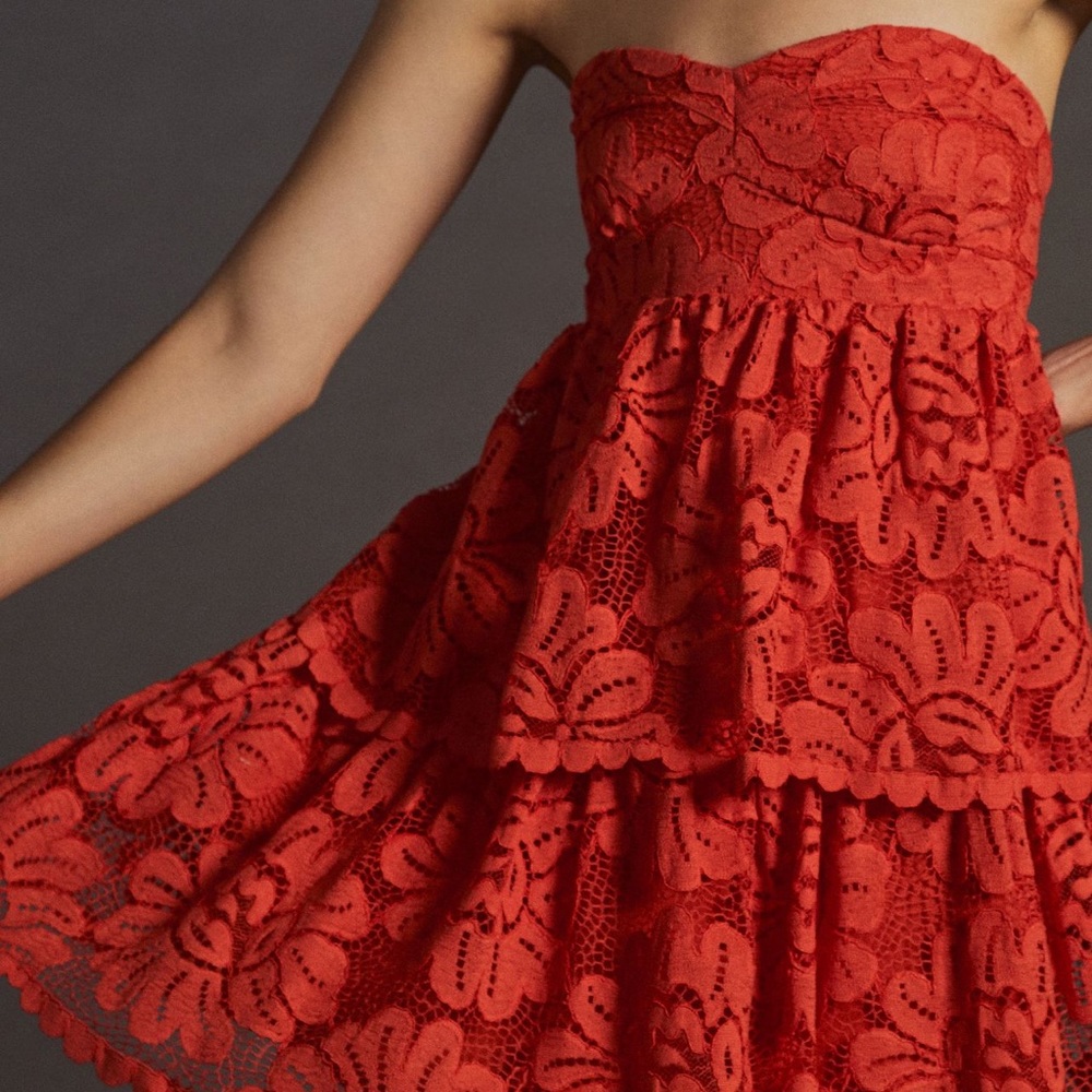 Anthropologie Red Strapless Lace Tiered Mini Dress - Picture 3 of 4